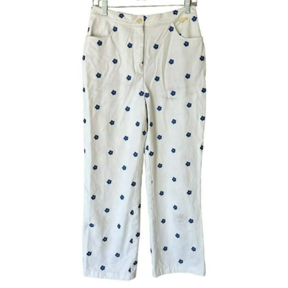 St. John Sport Cropped White Blue Flower‎ Embroidered Pants Womens 8 *Stains*